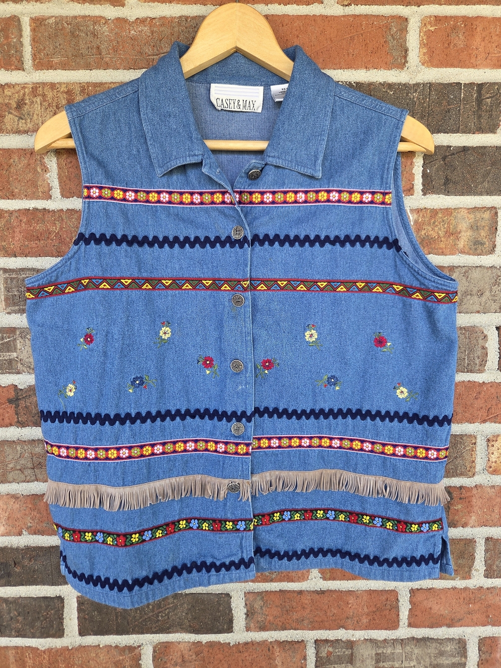 Vintage Women's Denim Vest Embroidered Flowers, Intricate Decorative Buttons MV